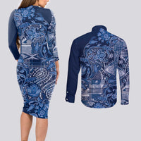 Africa Floral mix Maasai Shuka Couples Matching Long Sleeve Bodycon Dress and Long Sleeve Button Shirt Blue Moitf LT9 - Wonder Print Shop