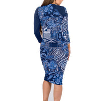 Africa Floral mix Maasai Shuka Family Matching Long Sleeve Bodycon Dress and Hawaiian Shirt Blue Moitf LT9 - Wonder Print Shop