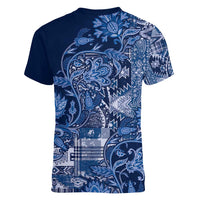 Africa Floral mix Maasai Shuka Women V-Neck T-Shirt Blue Moitf - Wonder Print Shop