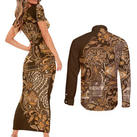 Africa Floral mix Maasai Shuka Couples Matching Short Sleeve Bodycon Dress and Long Sleeve Button Shirt Gold Moitf LT9 - Wonder Print Shop