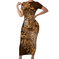 Africa Floral mix Maasai Shuka Short Sleeve Bodycon Dress Gold Moitf - Wonder Print Shop