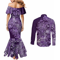 Africa Floral mix Maasai Shuka Couples Matching Mermaid Dress and Long Sleeve Button Shirt Purple Moitf