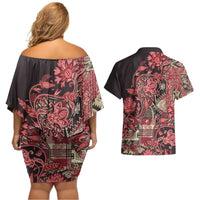 Africa Floral mix Maasai Shuka Couples Matching Off Shoulder Short Dress and Hawaiian Shirt Red Moitf LT9 - Wonder Print Shop