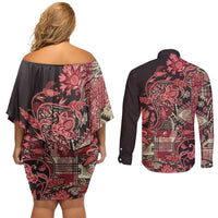 Africa Floral mix Maasai Shuka Couples Matching Off Shoulder Short Dress and Long Sleeve Button Shirt Red Moitf LT9 - Wonder Print Shop