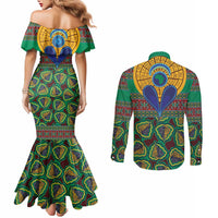 African Pattern Traditional Kanga Style Couples Matching Mermaid Dress and Long Sleeve Button Shirt