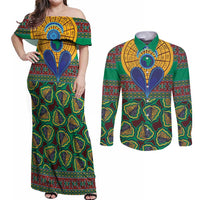 African Pattern Traditional Kanga Style Couples Matching Off Shoulder Maxi Dress and Long Sleeve Button Shirt LT9 - Wonder Print Shop