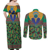 African Pattern Traditional Kanga Style Couples Matching Off Shoulder Maxi Dress and Long Sleeve Button Shirt LT9 - Wonder Print Shop