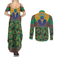African Pattern Traditional Kanga Style Couples Matching Summer Maxi Dress and Long Sleeve Button Shirt LT9 - Wonder Print Shop