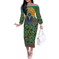 African Pattern Traditional Kanga Style Off The Shoulder Long Sleeve Dress - Wonder Print Shop
