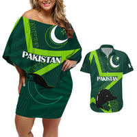 Pakistan Cricket Helmet Couples Matching Off Shoulder Short Dress and Hawaiian Shirt Proud Shaheen Falcon Star and Crescent LT9 - Wonder Print Shop