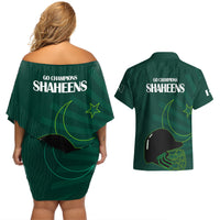 Pakistan Cricket Helmet Couples Matching Off Shoulder Short Dress and Hawaiian Shirt Proud Shaheen Falcon Star and Crescent LT9 - Wonder Print Shop