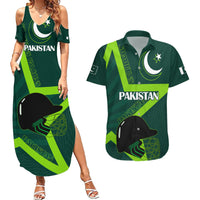 Pakistan Cricket Helmet Couples Matching Summer Maxi Dress and Hawaiian Shirt Proud Shaheen Falcon Star and Crescent LT9 - Wonder Print Shop