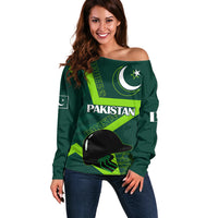 Pakistan Cricket Helmet Off Shoulder Sweater Proud Shaheen Falcon Star and Crescent - Wonder Print Shop