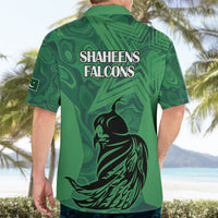 Green Hawaiian shirt back with SHAHEENS FALCONS text and black bird graphic, button-front