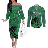 custom-pakistan-cricket-couples-matching-off-the-shoulder-long-sleeve-dress-and-long-sleeve-button-shirts-go-falcon-world-cup-2023-sporty-style