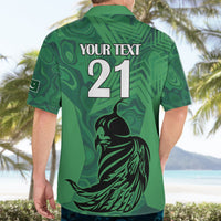 Green short-sleeve button-up Hawaiian shirt, back with YOUR TEXT 21 and lion graphic