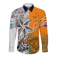 Personalised Fiji Australia Rugby Long Sleeve Button Shirt World Cup 2023 Polynesia Tapa Mixed Indigenous Aboriginal - Wonder Print Shop