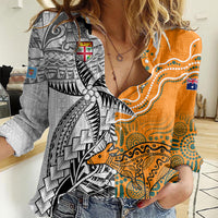 Personalised Fiji Australia Rugby Women Casual Shirt World Cup 2023 Polynesia Tapa Mixed Indigenous Aboriginal - Wonder Print Shop