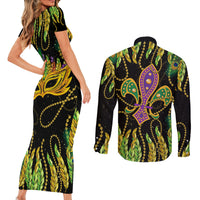 Feather Mask Mardi Gras Couples Matching Short Sleeve Bodycon Dress and Long Sleeve Button Shirt LT9 - Wonder Print Shop