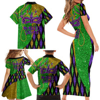 Peace Love Mardi Gras Family Matching Short Sleeve Bodycon Dress and Hawaiian Shirt Carnival Masks With Feathers - Wonder Print Shop