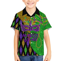 Black short-sleeve Hawaiian shirt with purple Mardi Gras mask, feathers, and glitter details