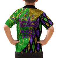 Black short-sleeve Hawaiian shirt, back view, purple Mardi Gras mask with glitter feather artwork