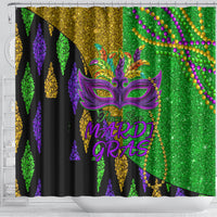 Peace Love Mardi Gras Shower Curtain Carnival Masks With Feathers