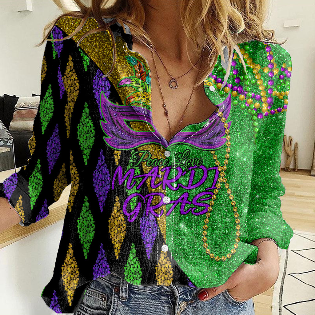 peace-love-mardi-gras-women-casual-shirt-carnival-masks-with-feathers