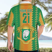 Green and orange Hawaiian shirt back with "YOUR TEXT" and large "21" emblem