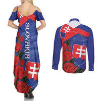 Slovakia Flag Mixed Rose Flowers Couples Matching Summer Maxi Dress and Long Sleeve Button Shirt LT9 - Wonder Print Shop