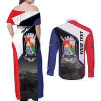 Caribbean Sint Maarten Personalized Couples Matching Off Shoulder Maxi Dress and Long Sleeve Button Shirt Brown Pelican - Wonder Print Shop