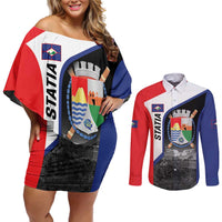 Caribbean Sint Maarten Personalized Couples Matching Off Shoulder Short Dress and Long Sleeve Button Shirt Brown Pelican - Wonder Print Shop