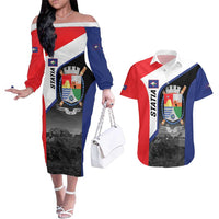 Caribbean Sint Maarten Personalized Couples Matching Off The Shoulder Long Sleeve Dress and Hawaiian Shirt Brown Pelican - Wonder Print Shop