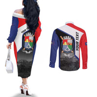 Caribbean Sint Maarten Personalized Couples Matching Off The Shoulder Long Sleeve Dress and Long Sleeve Button Shirt Brown Pelican - Wonder Print Shop