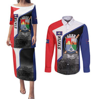 Caribbean Sint Maarten Personalized Couples Matching Puletasi and Long Sleeve Button Shirt Brown Pelican - Wonder Print Shop