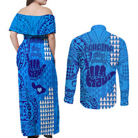 Strong Maui Couples Matching Off Shoulder Maxi Dress and Long Sleeve Button Shirts Good Living Hawaii with Shaka Sign Kakau Tribal Blue LT9 - Wonder Print Shop