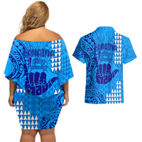Strong Maui Couples Matching Off Shoulder Short Dress and Hawaiian Shirt Good Living Hawaii with Shaka Sign Kakau Tribal Blue LT9 - Wonder Print Shop
