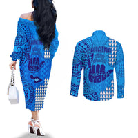 strong-maui-couples-matching-off-the-shoulder-long-sleeve-dress-and-long-sleeve-button-shirts-good-living-hawaii-with-shaka-sign-kakau-tribal-blue