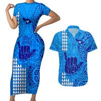Strong Maui Couples Matching Short Sleeve Bodycon Dress and Hawaiian Shirt Good Living Hawaii with Shaka Sign Kakau Tribal Blue LT9 - Wonder Print Shop