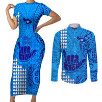 Strong Maui Couples Matching Short Sleeve Bodycon Dress and Long Sleeve Button Shirts Good Living Hawaii with Shaka Sign Kakau Tribal Blue LT9 - Wonder Print Shop