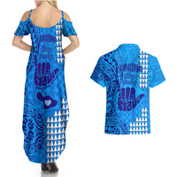 Strong Maui Couples Matching Summer Maxi Dress and Hawaiian Shirt Good Living Hawaii with Shaka Sign Kakau Tribal Blue LT9 - Wonder Print Shop