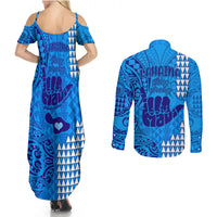Strong Maui Couples Matching Summer Maxi Dress and Long Sleeve Button Shirts Good Living Hawaii with Shaka Sign Kakau Tribal Blue LT9 - Wonder Print Shop