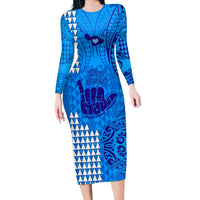 Strong Maui Long Sleeve Bodycon Dress Good Living Hawaii with Shaka Sign Kakau Tribal Blue - Wonder Print Shop