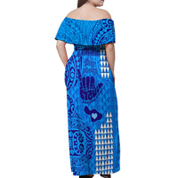 Strong Maui Off Shoulder Maxi Dress Good Living Hawaii with Shaka Sign Kakau Tribal Blue - Wonder Print Shop