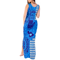 Strong Maui Tank Maxi Dress Good Living Hawaii with Shaka Sign Kakau Tribal Blue - Wonder Print Shop