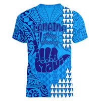 Strong Maui Women V Neck T Shirt Good Living Hawaii with Shaka Sign Kakau Tribal Blue - Wonder Print Shop