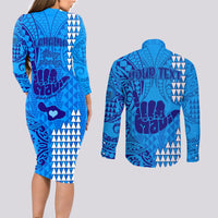 Personalised Strong Maui Couples Matching Long Sleeve Bodycon Dress and Long Sleeve Button Shirts Good Living Hawaii with Shaka Sign Kakau Tribal Blue LT9 - Wonder Print Shop