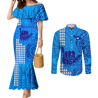 personalised-strong-maui-couples-matching-mermaid-dress-and-long-sleeve-button-shirts-good-living-hawaii-with-shaka-sign-kakau-tribal-blue