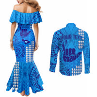 personalised-strong-maui-couples-matching-mermaid-dress-and-long-sleeve-button-shirts-good-living-hawaii-with-shaka-sign-kakau-tribal-blue
