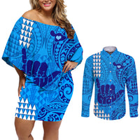 Personalised Strong Maui Couples Matching Off Shoulder Short Dress and Long Sleeve Button Shirts Good Living Hawaii with Shaka Sign Kakau Tribal Blue LT9 - Wonder Print Shop